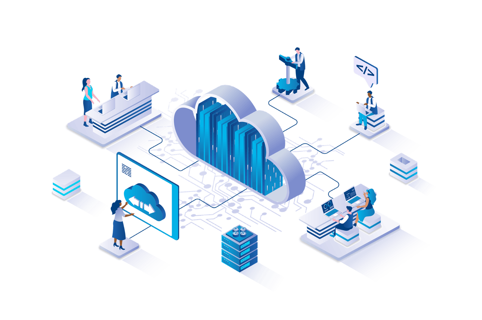 Cloud computing 3d isometric concept with isometry people design for web. Illustration by VectorElements on Unsplash